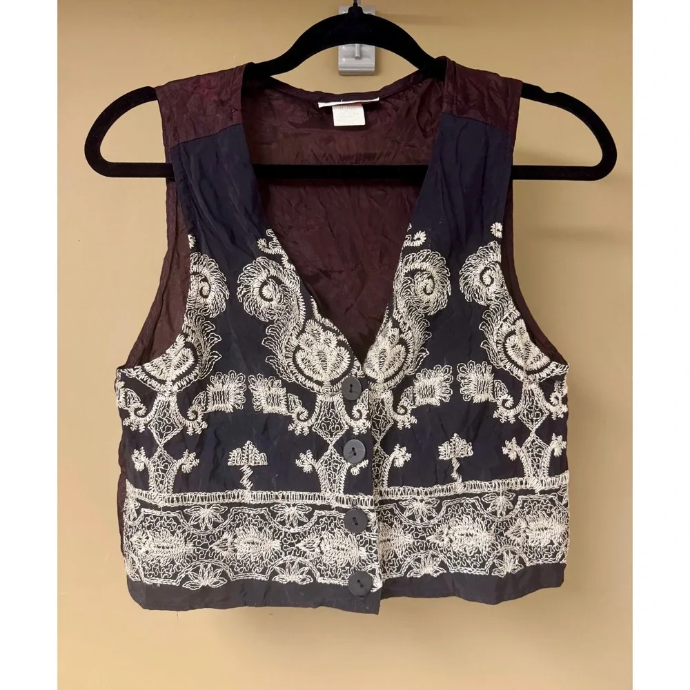 Vintage‎ Cindy Collins Black Embroidered Boho Hippie Vest Women's Medium